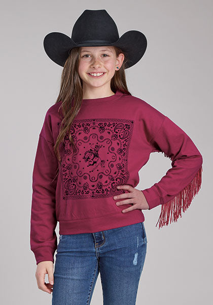 Girl's Wine Fleece Long Sleeve Sweatshirt W/Fringe