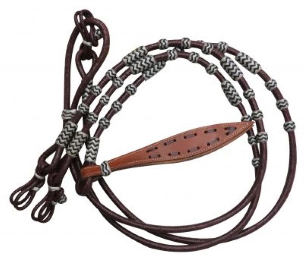 Braided burgundy rawhide romal reins leather popper