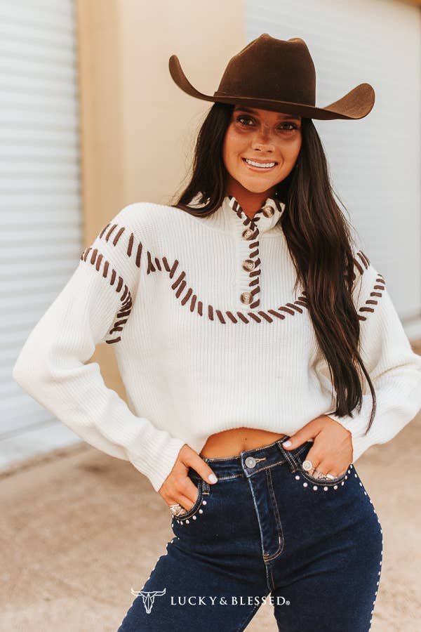 Plus Ivory Brown Western Buckstitch Button Neck Sweater