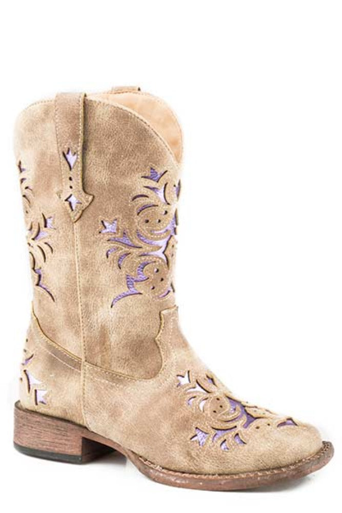 Youth girl's Roper Tan & Purple 'Lola' Cowboy Boots w/ Metallic underlay