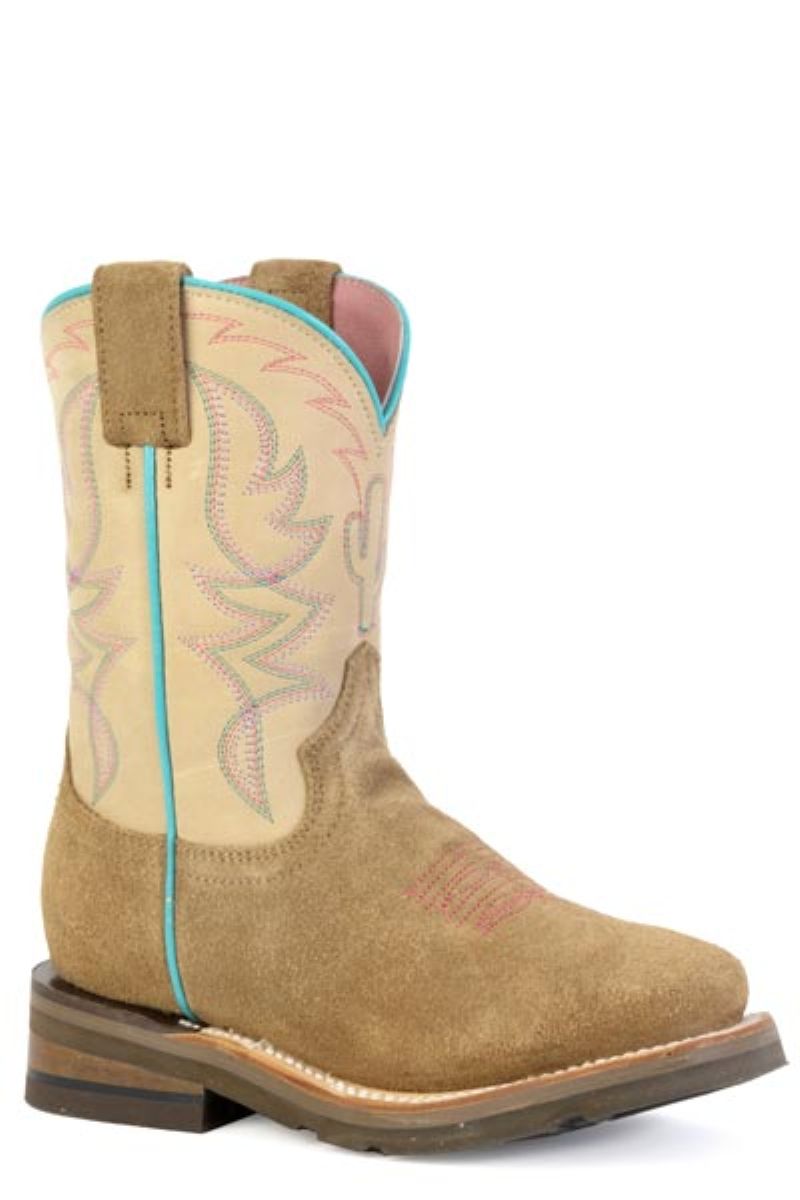 SAGUARO Square Toe Tan Suede Leather Girls Cowboy Boots