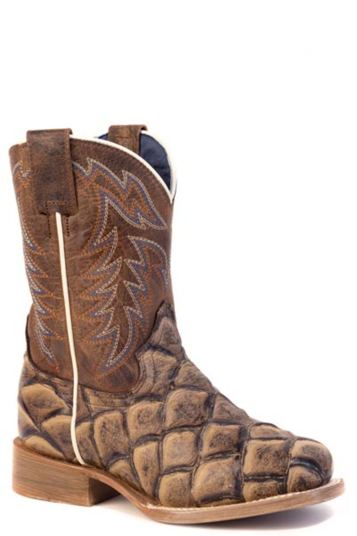 Square Toe Embossed Brown Leather Vamp Cowboy Boots