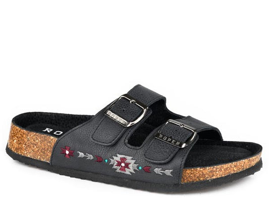 WOMENS FOOTWEAR SANDAL BLACK LEATHER WITH AZTEC STITCH