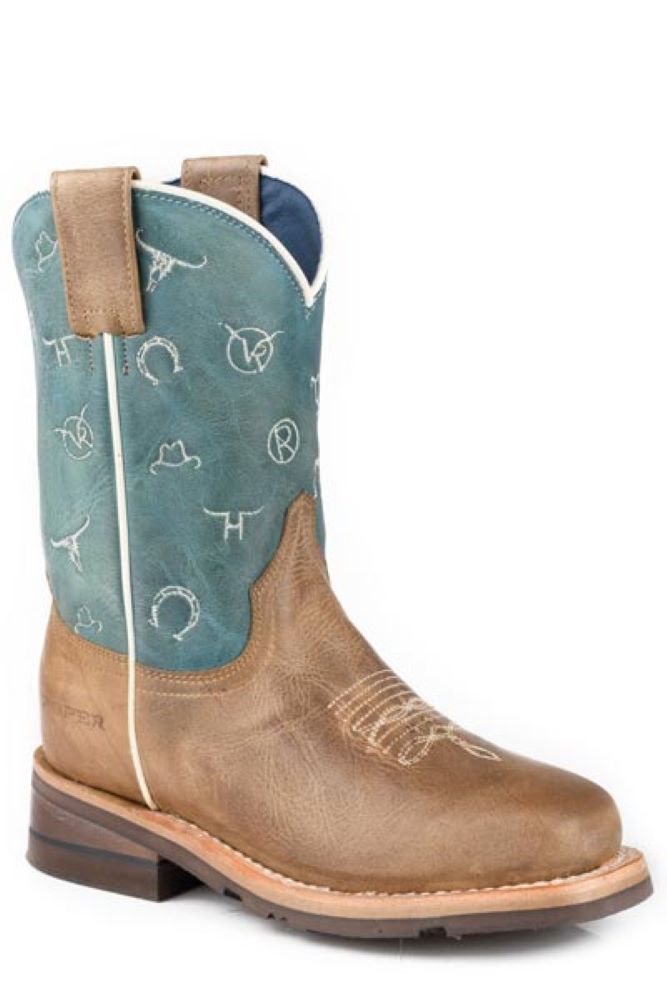 Boy's Roper Blue Brown 'Brands' Cowboy Boots