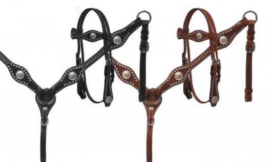 Tooled Leather Headstall & Breast Collar Set w/ Silver Conchos