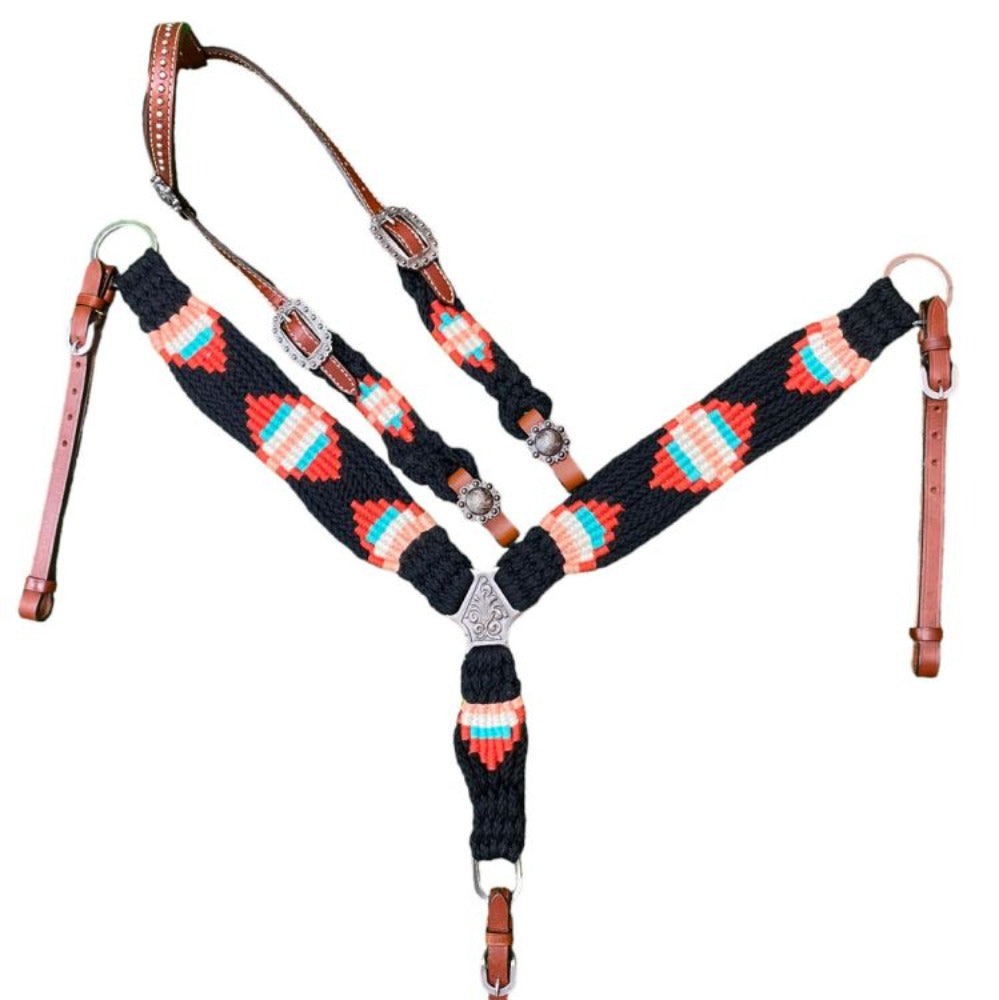 Pony Size Corded One Ear Headstall and Breast Collar Set - Black/Red