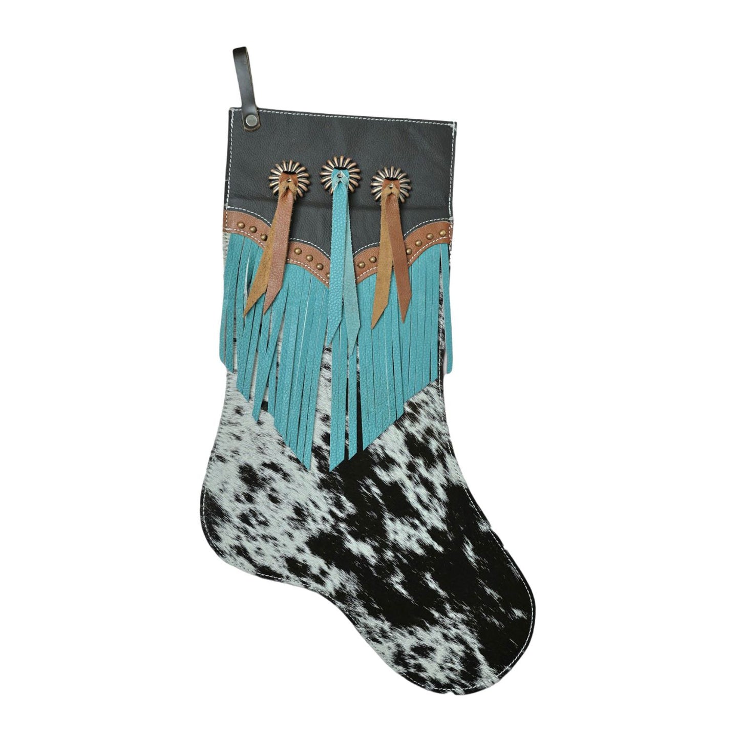 Cowhide Christmas Stocking - Cyan Cascade Fringe