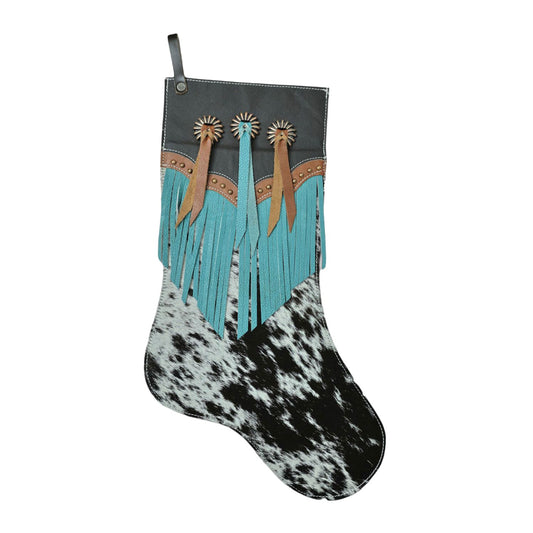 Cowhide Christmas Stocking - Cyan Cascade Fringe