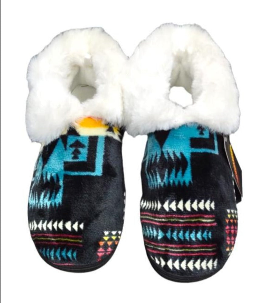 Black Navajo Print Fur-Lined Indoor Slippers