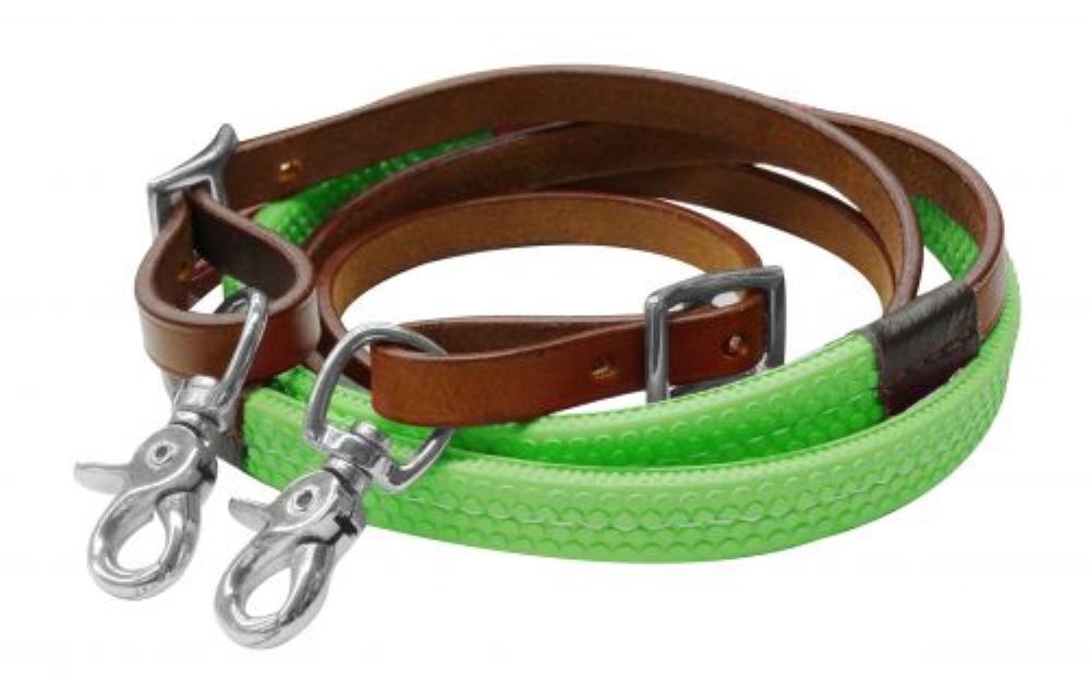 Showman 7ft rubber grip barrel reins lime green