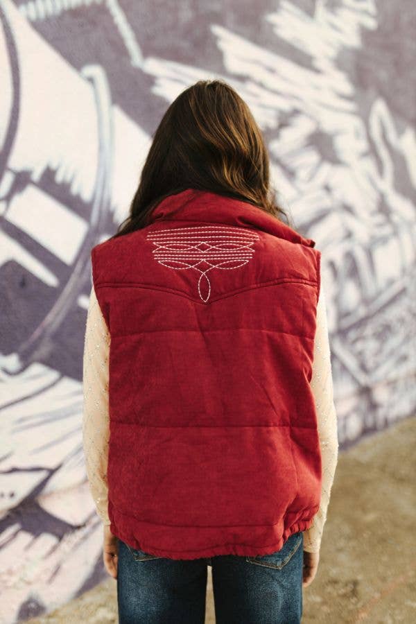 Plus Wine Puffer W Aztec Lining Boot Stitch Detail Vest