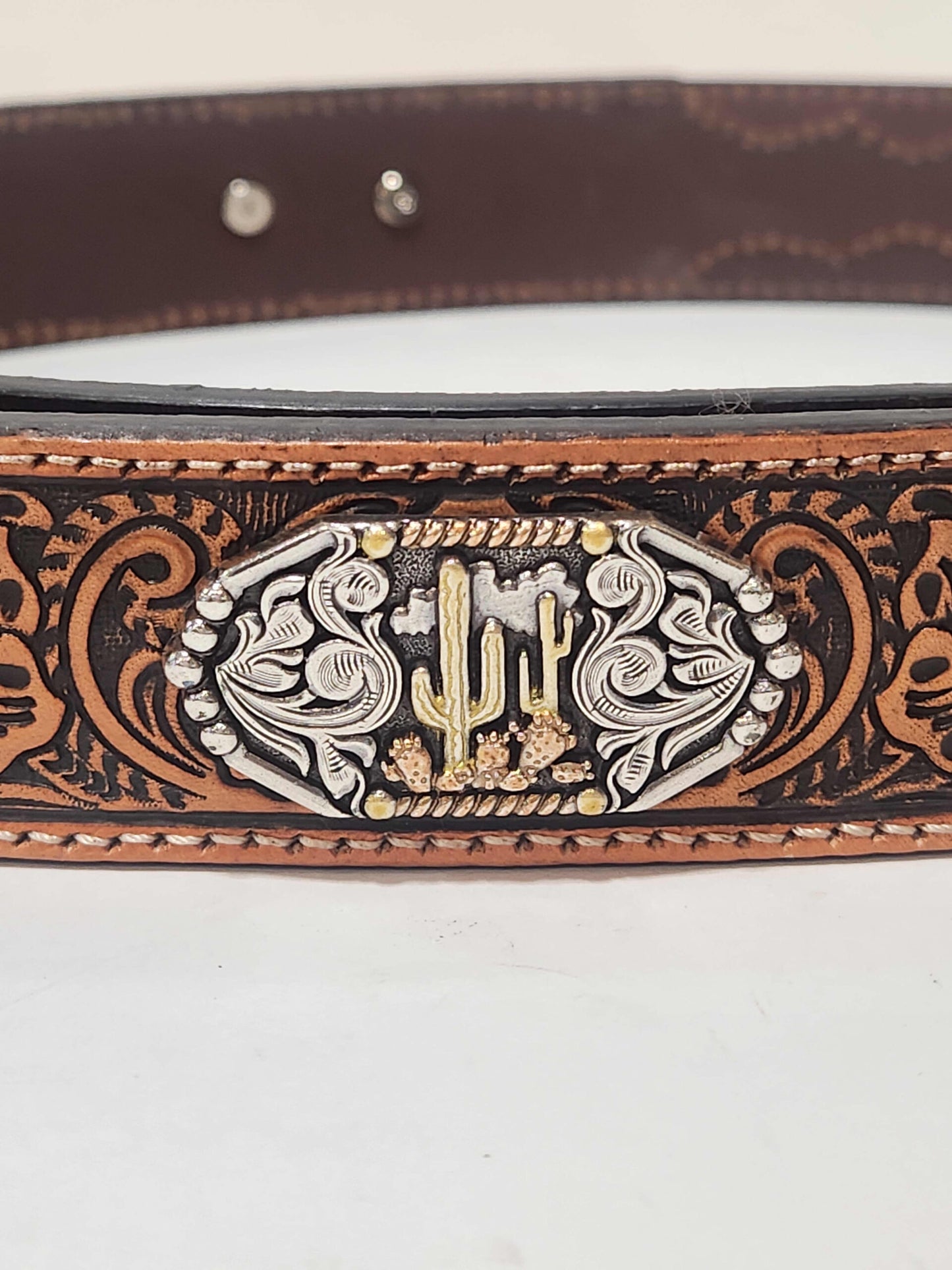 Men's Leather Floral Tooled Overlay Belt w/ Cactus concho