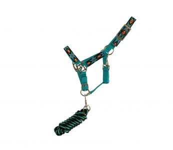 Showman Pony Turquoise Nylon Halter w/ Southwest Design & 8' Lead