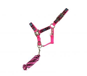 Showman Pony Size Pink Aztec Nylon Halter w/ Turquoise Cross & 8' Lead