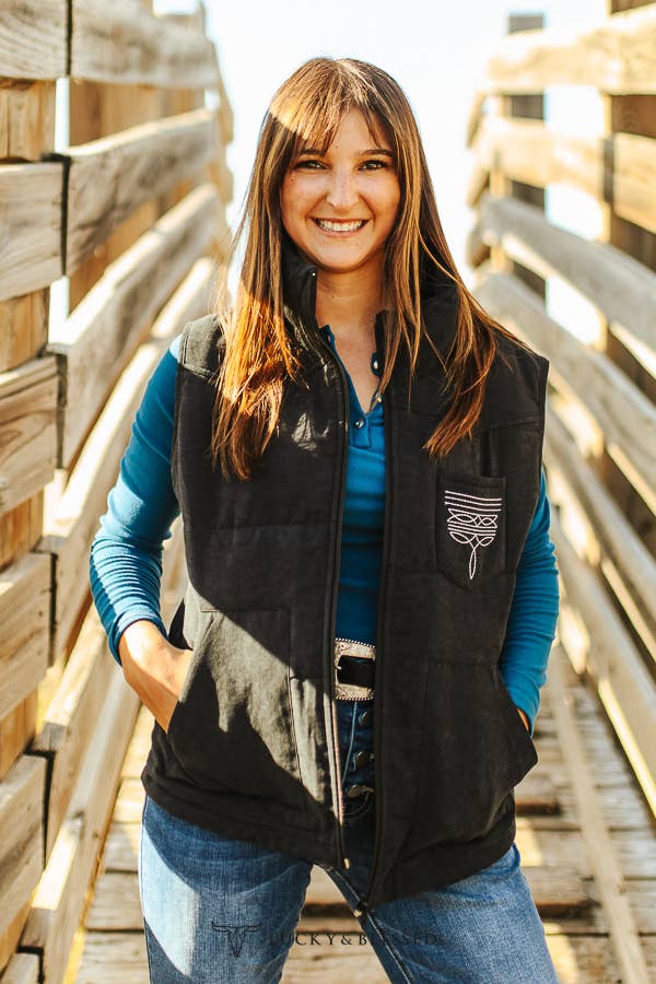 Plus Black Puffer W Aztec Lining Boot Stitch Detail Vest