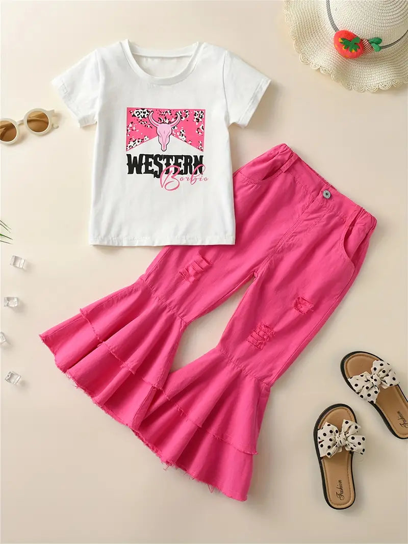 Girls 2 pc. Western Set: Shirt & Pink Denim Flared Pants