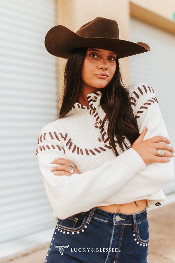 Ivory Brown Western Buckstitch Button Neck Sweater