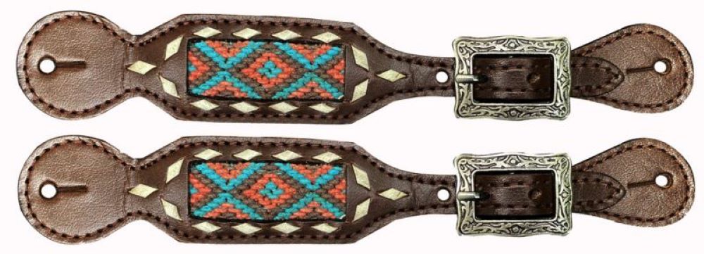 Spur Straps with Woven Fabric Inlay with Southwest Design