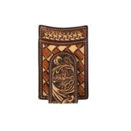 3D Mens Money Clip Style Wallet Hand Tooled Floral Basketweave Tan