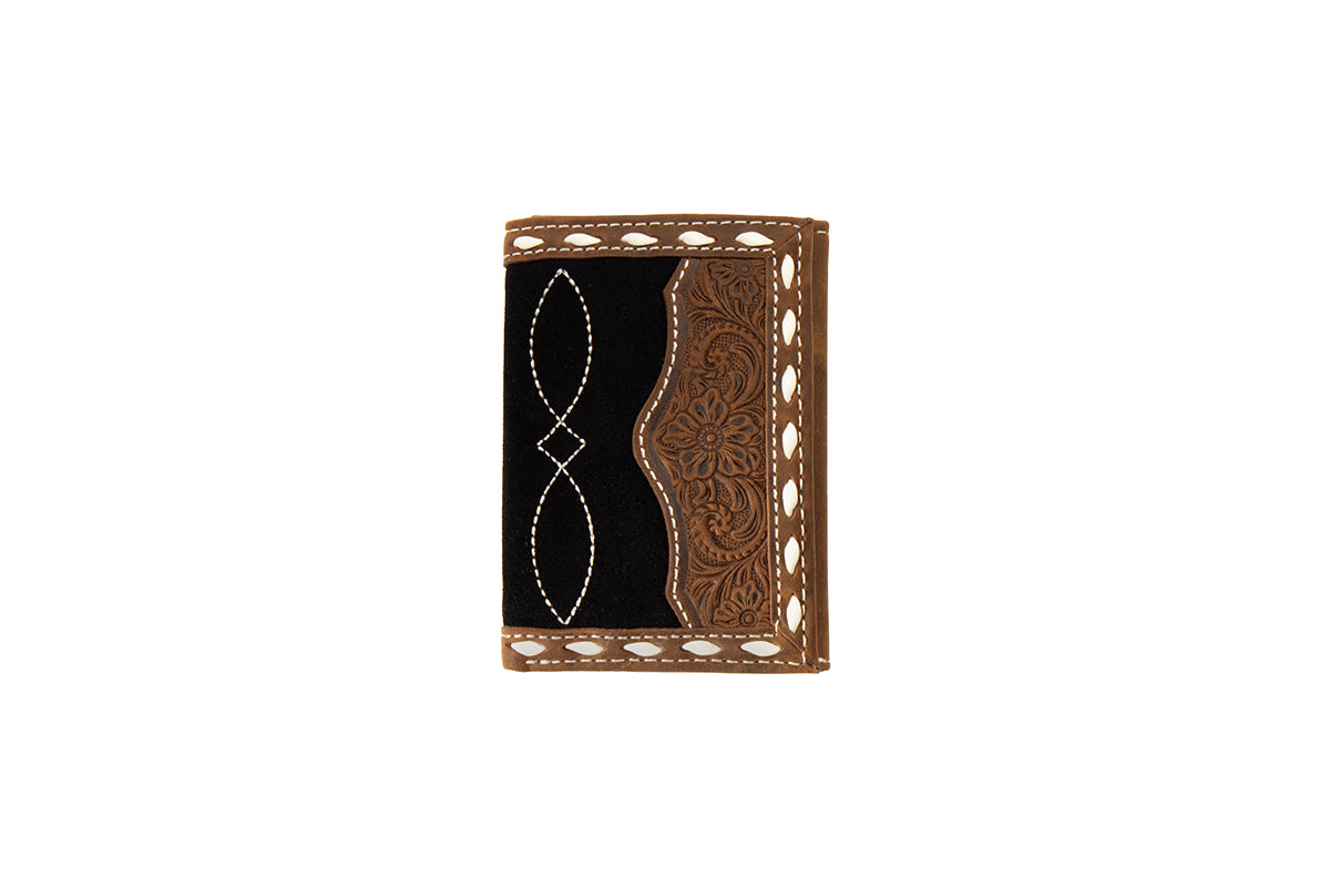 3D Mens Trifold Wallet Roughout Boot Stitch Overlay Black Brown