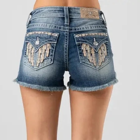 Miss Me Mid Rise Shorts w/ Wing embroidery