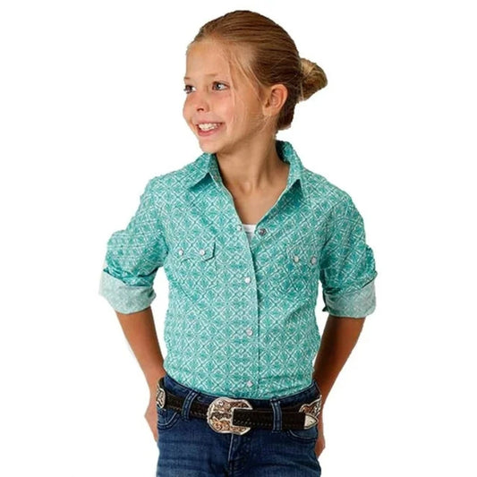 Girl's Roper Turquoise White Lattice Western Shirt