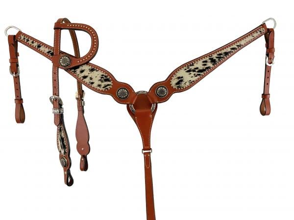 Black and White Hair-On Cowhide Single Ear Headstall & Breast Collar
