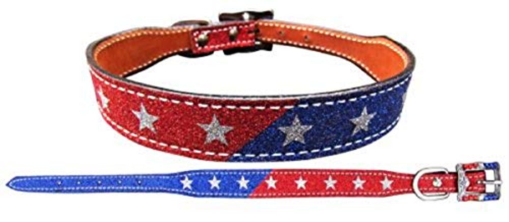 Showman Couture Red & Blue Glitter w/ Stars Leather Dog Collar