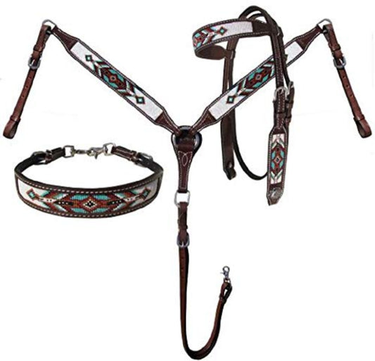 Argentina Cow Leather Navajo Beaded Inlay Breast Collar & Headstall Set