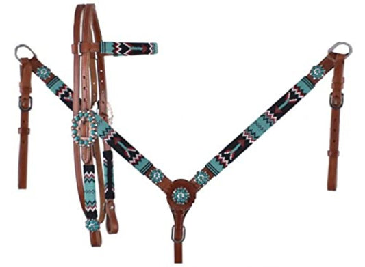 Horse size Leather Beaded Arrow Breast Collar & Headstall Set