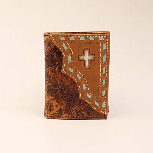 Men's Turquoise Cross Short Trifold Distressed Brown Leather Wallet