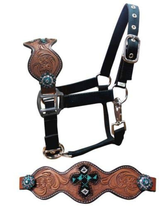 Pony Size Beaded Cross Inlay Bronc Halter