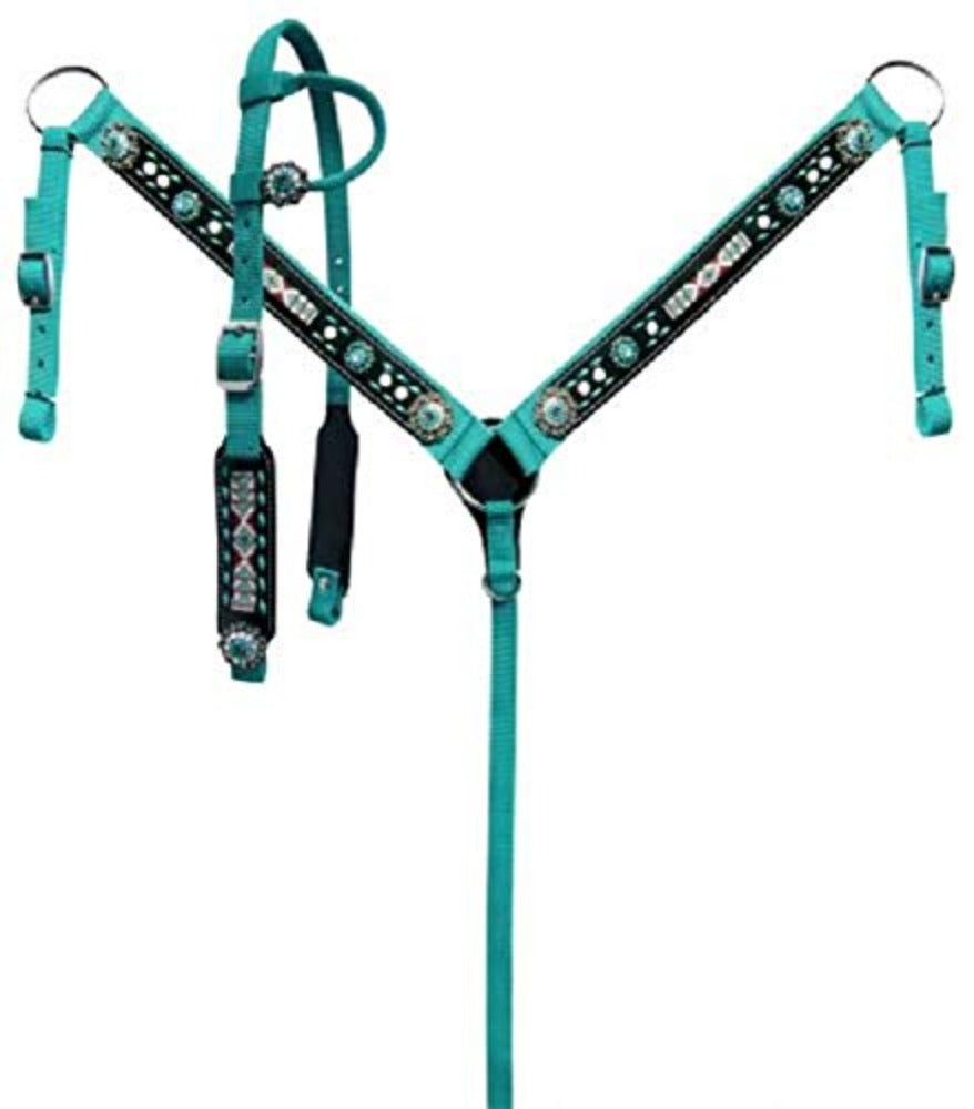 Showman Teal Nylon Headstall And Breast Collar Set With Beaded Inlay