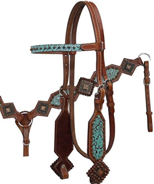 Horse size Filigree Teal & Brown Bridle & Breast Collar Set