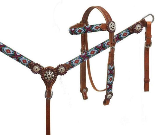 Showman Purple Green Red Beaded Leather Brow Bridle Breast Collar