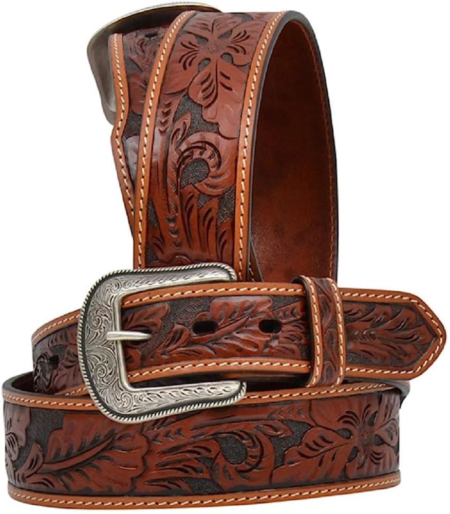 Men's 1 3/4" wide Hand-Tooled Floral Western Leather Belt