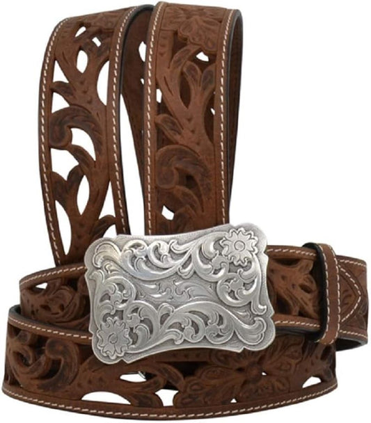 Angel Ranch Ladies Brown Floral Cutout Leather Belt