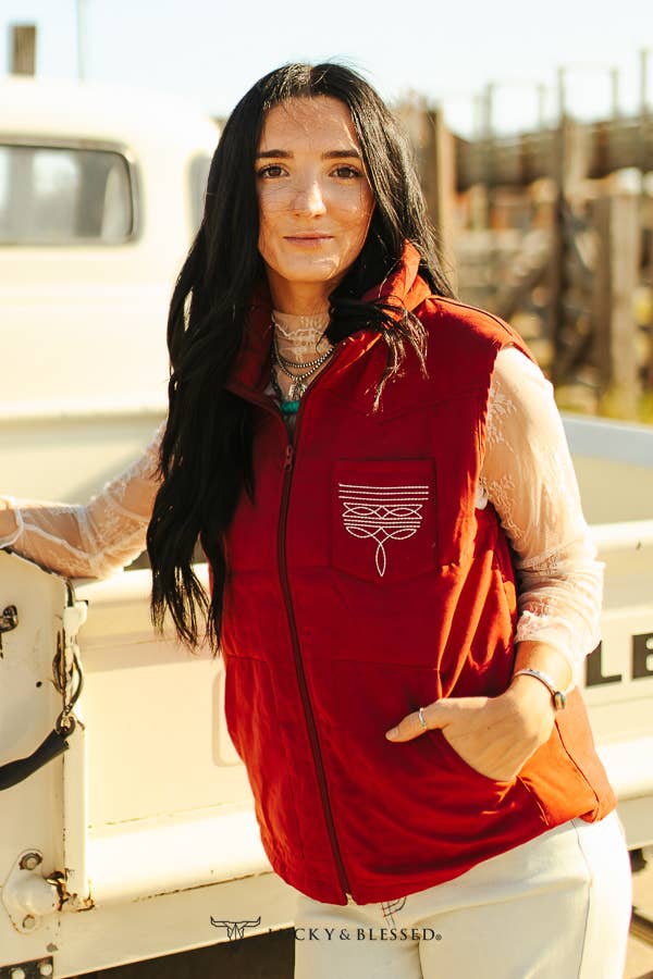 Plus Wine Puffer W Aztec Lining Boot Stitch Detail Vest