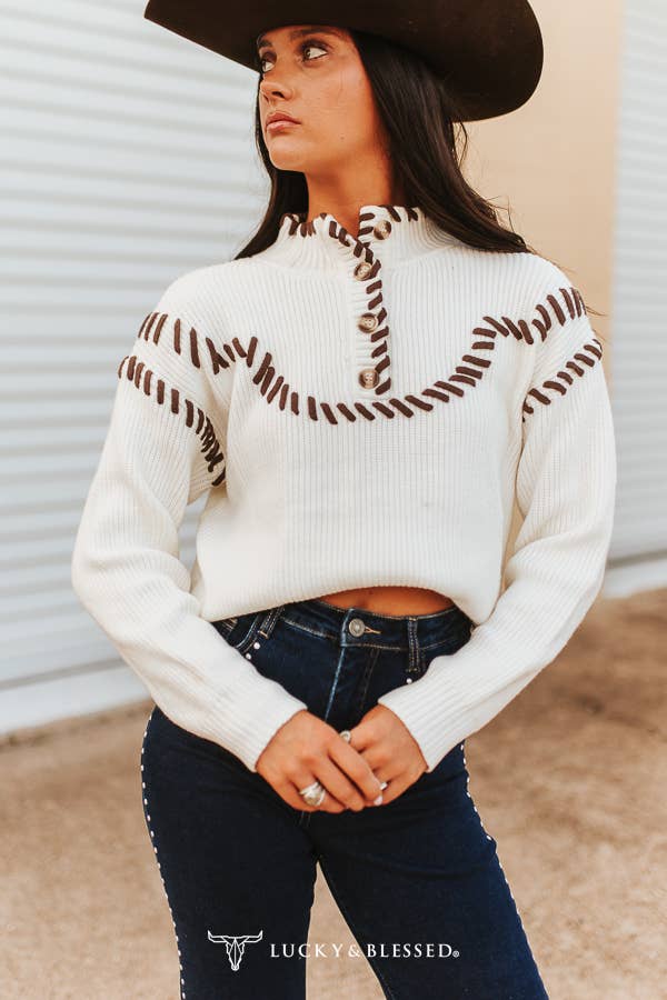 Ivory Brown Western Buckstitch Button Neck Sweater