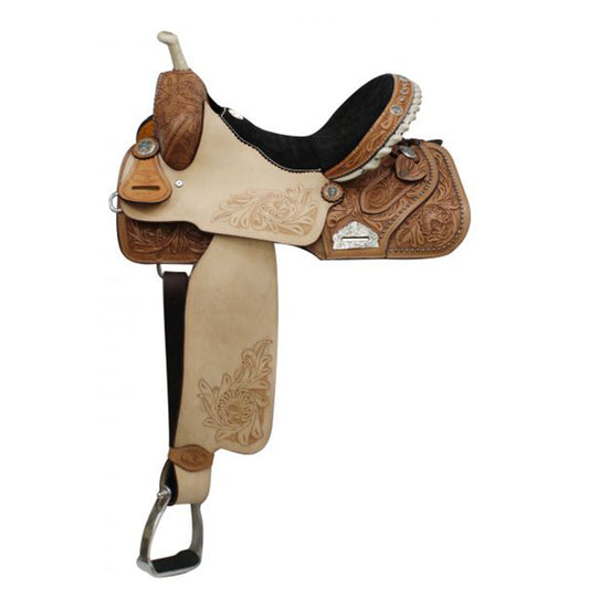 Double T Barrel Style Saddle with Floral Embossed Suede Seat