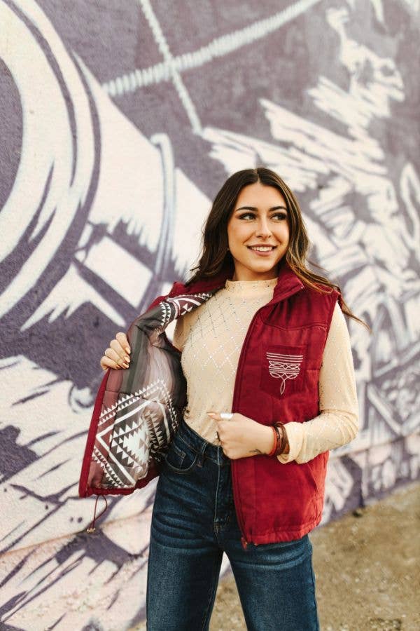 Plus Wine Puffer W Aztec Lining Boot Stitch Detail Vest