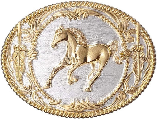 Silver & gold PRANCING HORSE BELT BUCKLE w/ Gold feathers trim