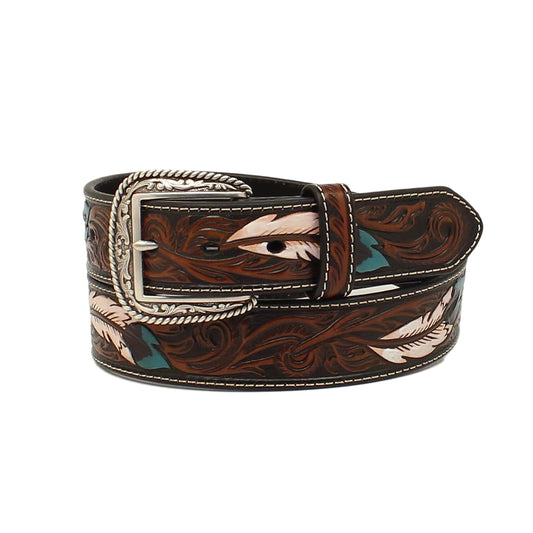 Ariat Men's Brown Leather Belt with Turquoise & White Feather Tooling