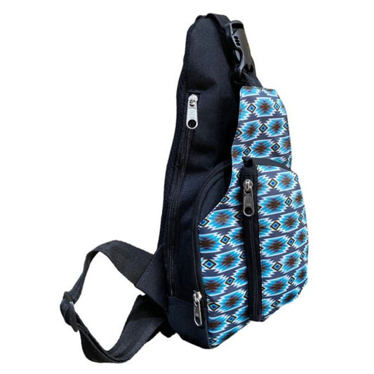 Showman Gray Blue Aztec Sling Crossbody Backpack