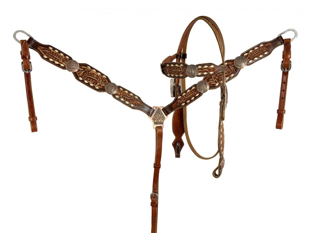 Floral tooled Leather Browband Headstall and Breast Collar