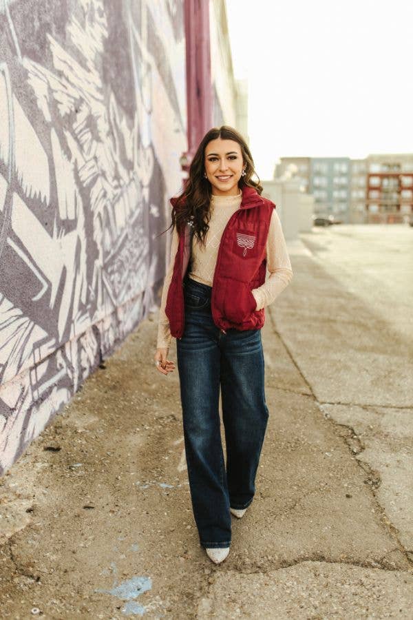 Plus Wine Puffer W Aztec Lining Boot Stitch Detail Vest