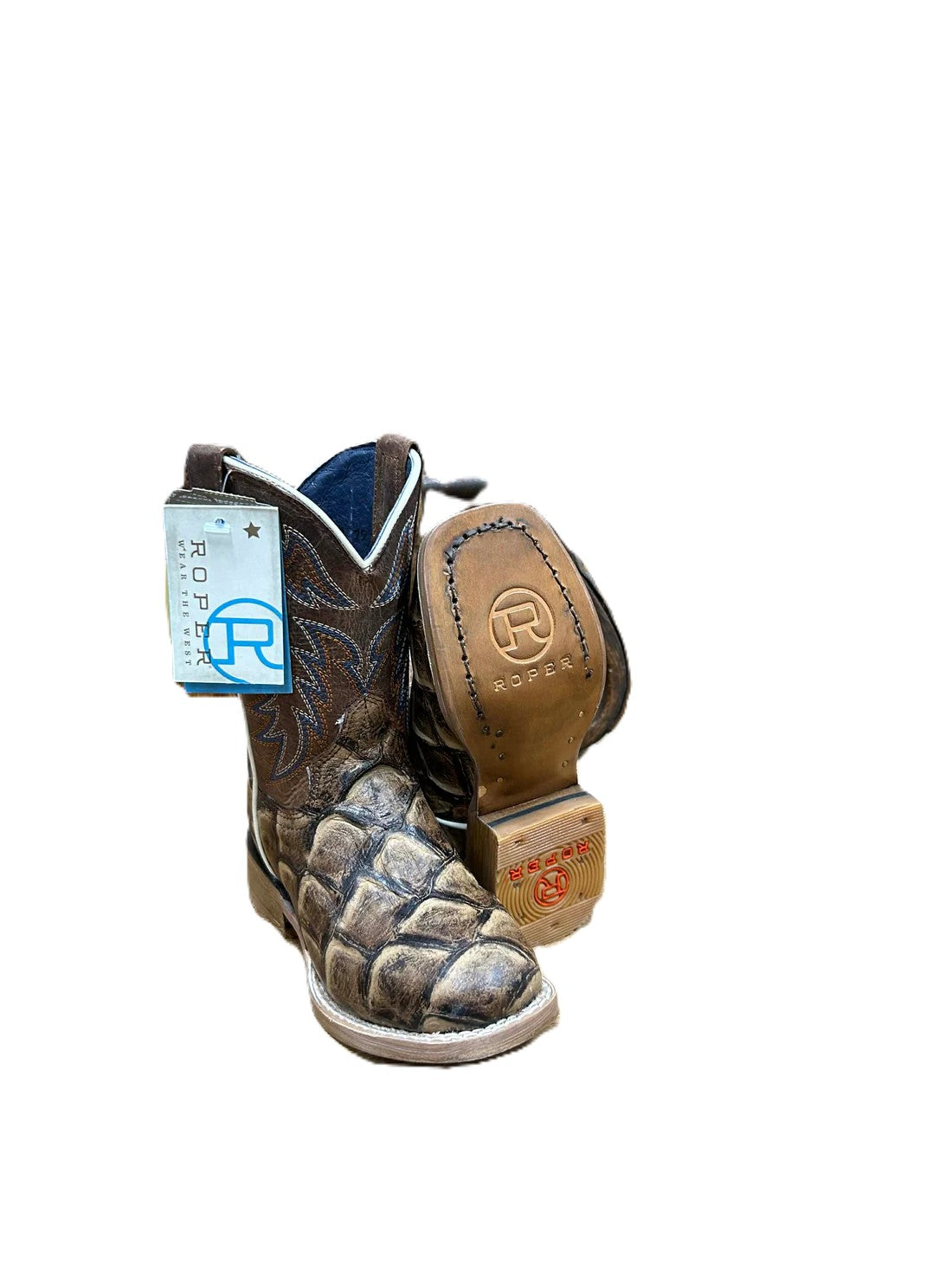 Square Toe Embossed Brown Leather Vamp Cowboy Boots