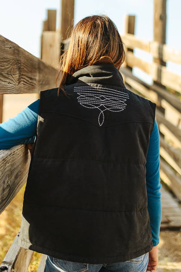 Plus Black Puffer W Aztec Lining Boot Stitch Detail Vest