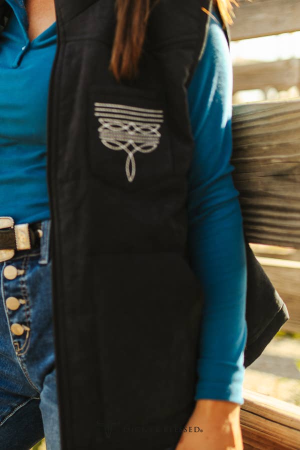 Plus Black Puffer W Aztec Lining Boot Stitch Detail Vest