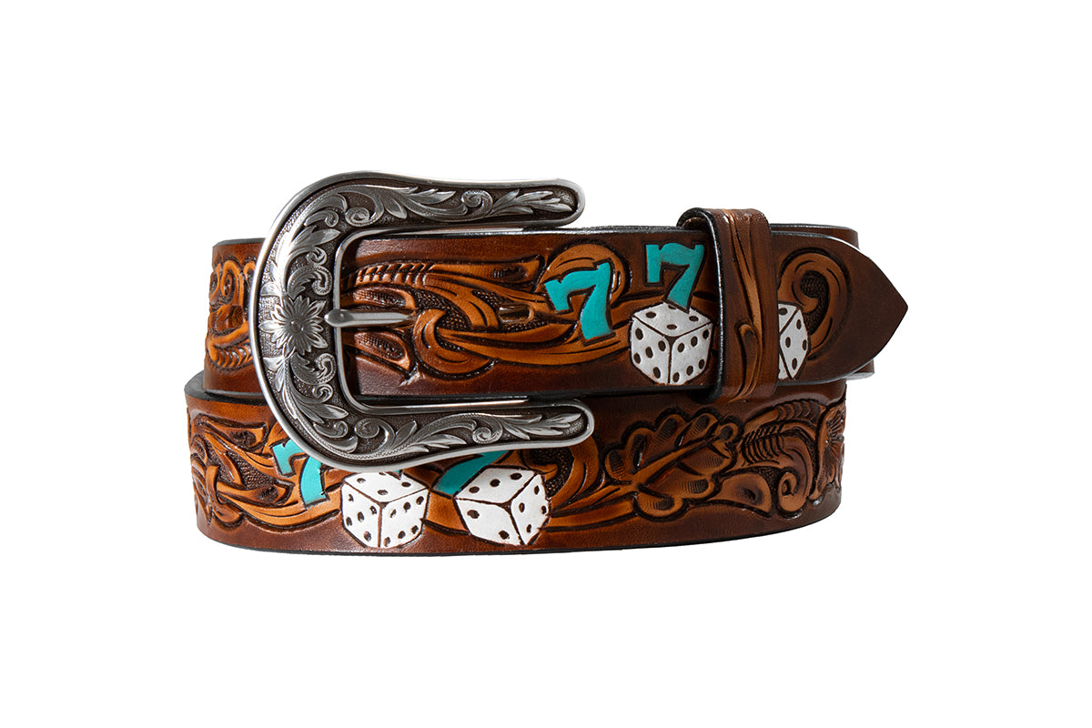 Angel Ranch Ladies Belt 1 1/2 Aces Dice 777 Brown